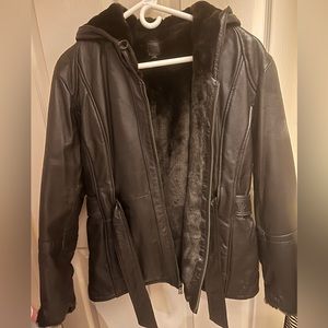 100% Black Wilsons Leather Hooded Coat- Women’s Small